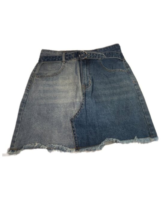 Cider Dresses & Skirts - Cider Two Tone Denim Mini Skirt Belted Y2K Colorblock Frayed Hem Jean Skirt M